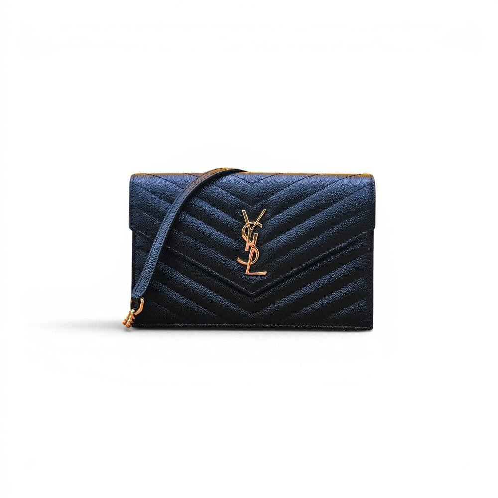 Saint Laurent Cassandre Envelope Chain Wallet Black Grain De Poudre Leather GHW